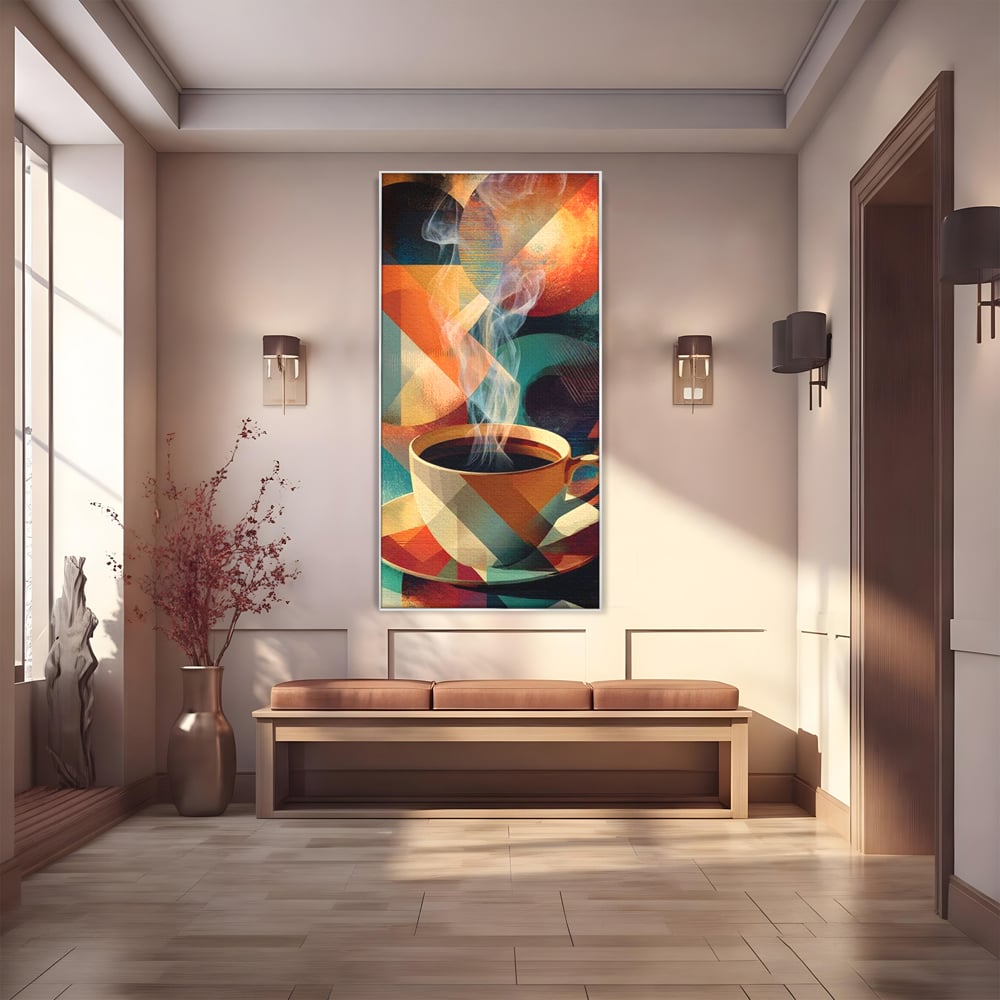 Tablou canvas cu ilustratie abstracta cu ceasca de cafea, in rama de aluminiu argintiu